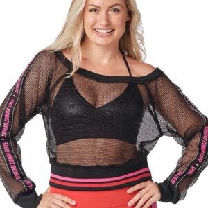 Zumba Fitness Black Mesh Crop Top with Pink Accents